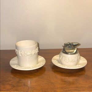 Wedgwood Embossed Queen’s Ware set of ashtrays, lighter and cigarette cup holder